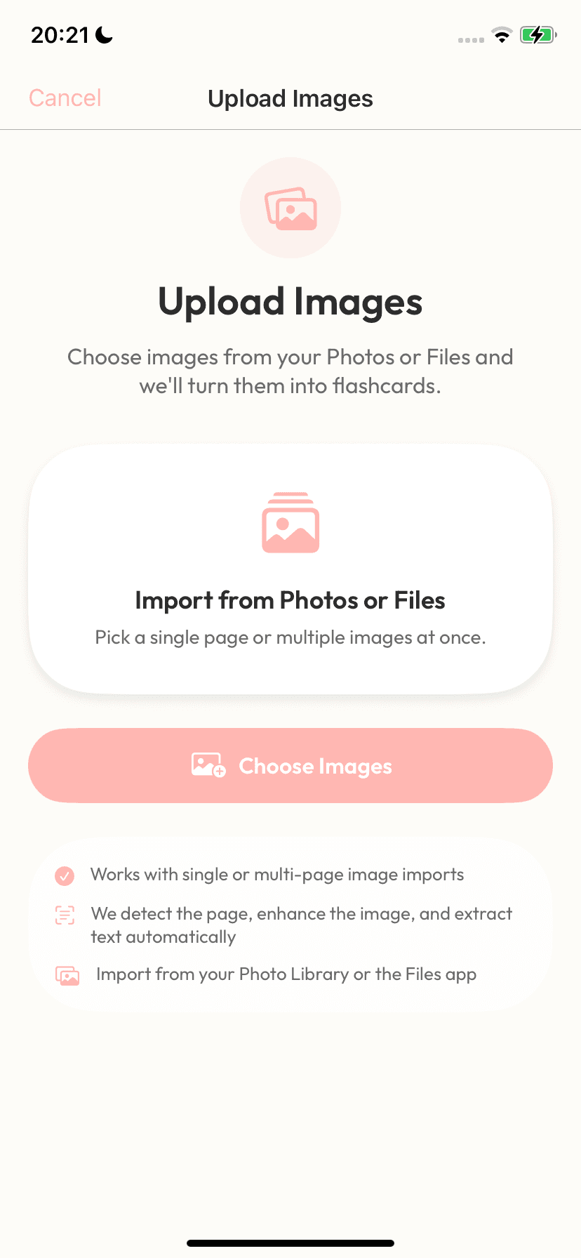 Imprimo Upload Images screen with options to pick single or multi-page imports from Photos or Files
